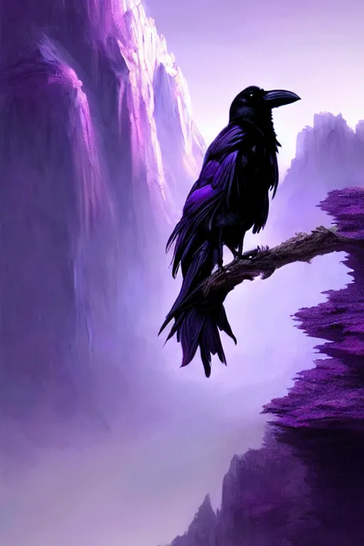 Image similar to portrait of a beautiful one raven perched on purple crystals that are glowing in a misty valley, establishing shot, extremly high detail, foto realistic, cinematic lighting, by yoshitaka amano, ruan jia, kentaro miura, artgerm, post processed, concept art, artstation, raphael lacoste, alex ross