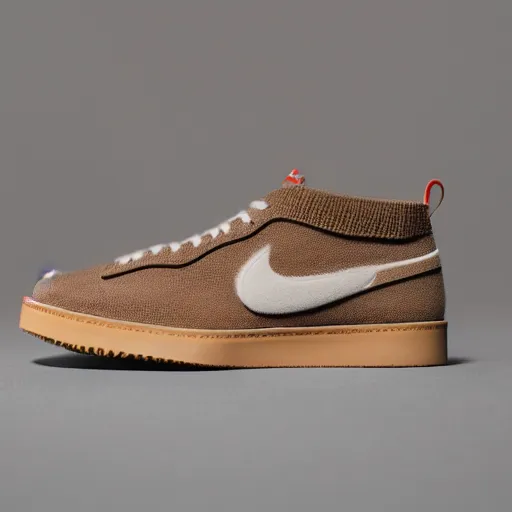 Image similar to a studio photoshoot of Nike sneakers designed by Tom Sachs, light brown suede with knitted material, gum rubber outsole, realistic, color film photography by Tlyer Mitchell, 35 mm, graflex