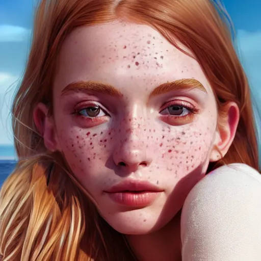 Prompt: portrait of a cute thin young woman, red blush, cute freckles, small smile, modern clothes, relaxing on the beach, cozy living room, close up shot, 8 k, art by irakli nadar, hyperrealism, hyperdetailed, ultra realistic