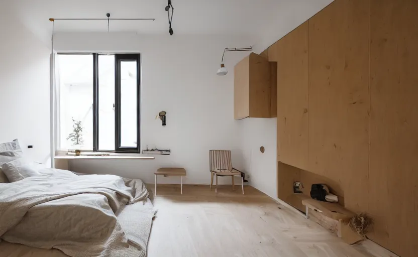 Image similar to interior of a compact minimalist bedroom in an apartment building, bed, ocher wall, cupboards, japanese design, swedish design, natural materials, pine wood, earth colors, feng shui, white, beige, bright, windows with a view of a green park, modernist, 8 k