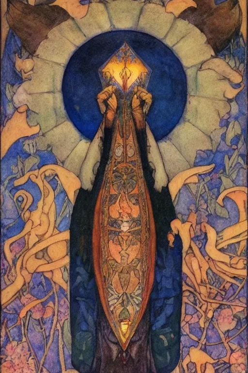 Image similar to the lantern crown, by Annie Swynnerton!!!! and Nicholas Roerich! and (Edmund Dulac) and ((((Diego Rivera)))), tattoos, elaborate costume, geometric ornament, symbolist, rich colors, dramatic lighting, smooth, sharp focus, extremely detailed