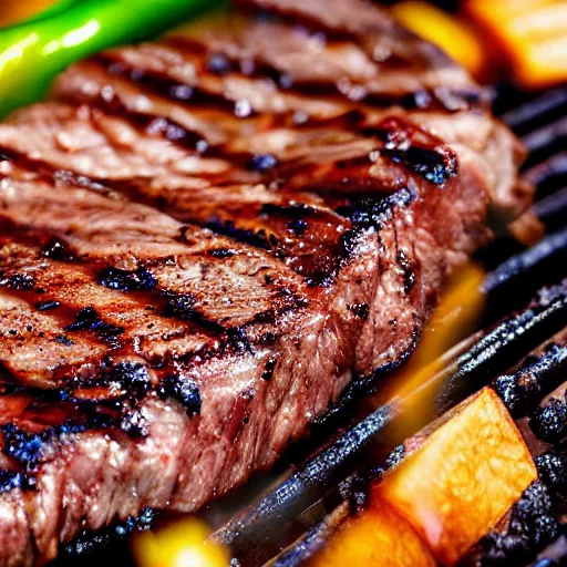 Prompt: Steak sizzling on a barbecue, closeup, ultra high detail