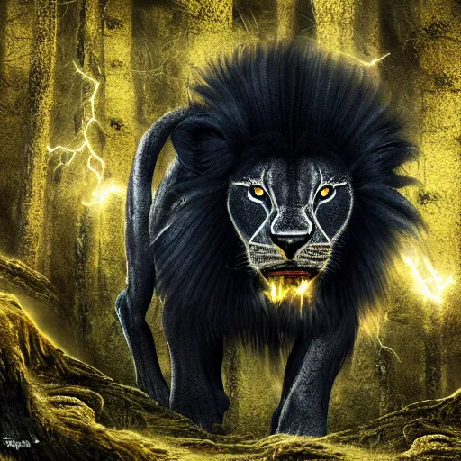 Prompt: epic photography of black lion with gold lightnings in the fur in the middle of the ancient forest , colossal scale, photorealistic, high details, intricate by Nick Nichols and Evgeniy Antonenkov