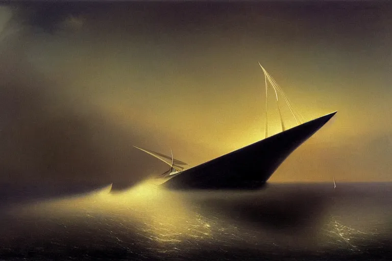 Image similar to minimalist futuristic zaha hadid spaceship painting by ivan aivazovsky