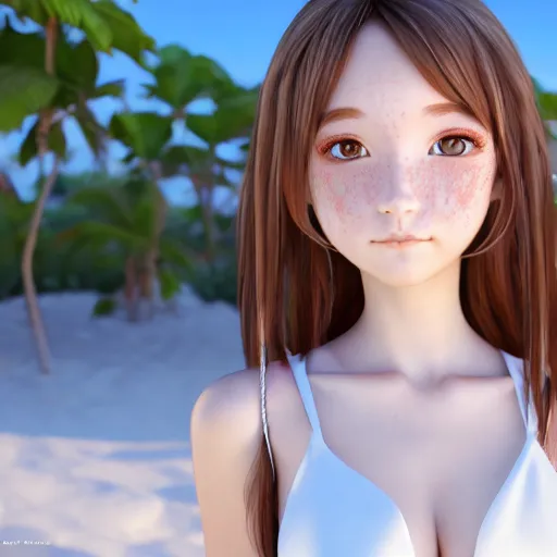 Image similar to Render of a very beautiful 3d anime girl, long hair, hazel eyes, cute freckles, full round face, short smile, cute sundress, silver tone, serene beach setting, medium shot, mid-shot, highly detailed, trending on Artstation, Unreal Engine 4k