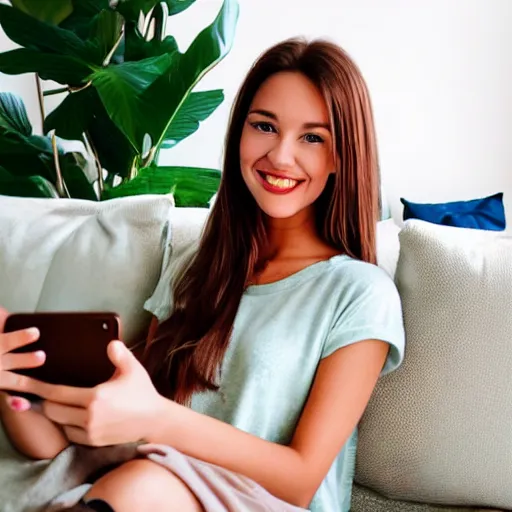 Image similar to Selfie photograph of a cute young woman smiling, long shiny bronze brown hair, full round face, emerald green eyes, medium skin tone, light cute freckles, smiling softly, wearing casual clothing, relaxing on a modern couch, interior lighting, cozy living room background, close-up shot, trending on instagram