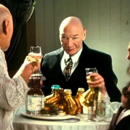 Image similar to fat patrick stewart in a dress drinking alcohol