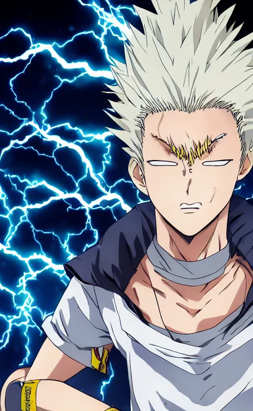 Image similar to Anime key visual of a young boy with spikey yellow hair and lightning powers, portrait, white background, Illustrated by Kohei Horikoshi, high quality face, detailed eyes, big eyes, official media, 8k, anime, detailed, HD, trending on artstation, Illustrated by Akira Toriyama