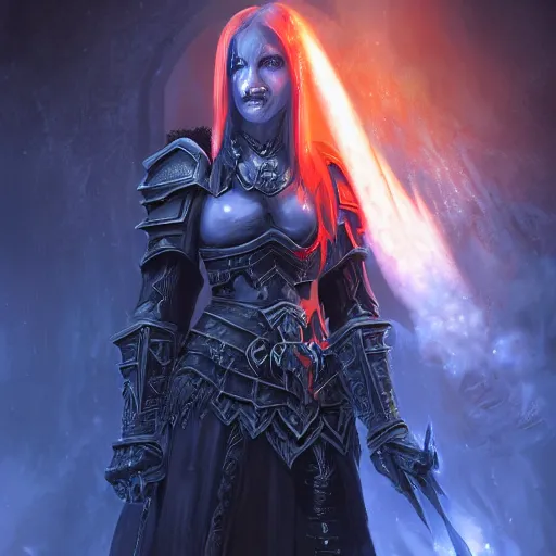 Prompt: a digital portrait painting of a death knight from world of warcraft, glowing blue eyes, matte painting, hyper realistic, very detailed, dramatic scene, realistic lighting, dark fantasy, 4 k, in the style of greg rutkowski,