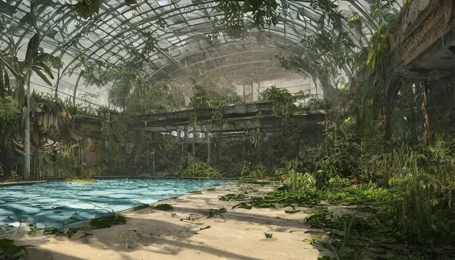 Prompt: Abandoned dusty indoor empty pool covered by vegetation during heat wave , hyperdetailed, artstation, cgsociety, 8k