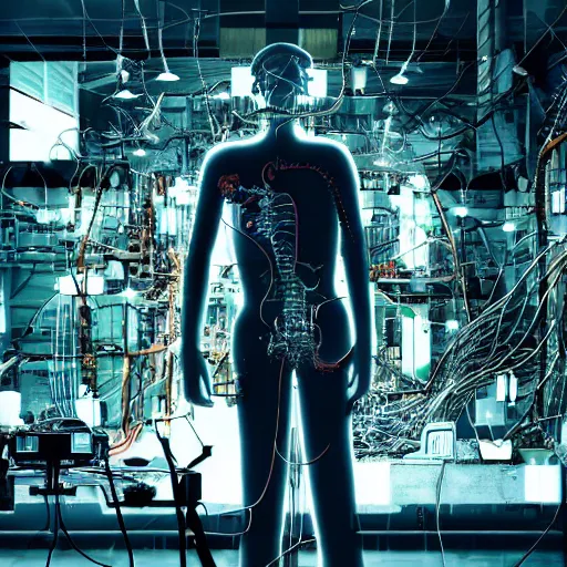 Prompt: a man trapped in a cyborg repair factory, being dissembled by robotic arms, all around are body parts, circuit boards, wires, biomech,, panavision