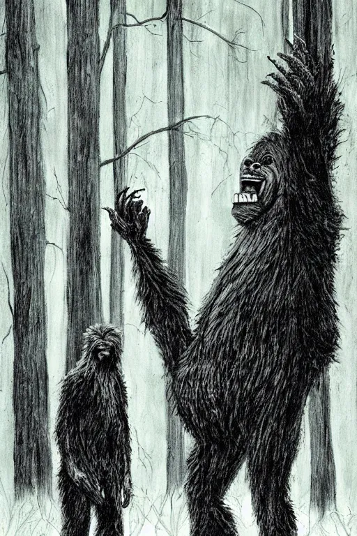 Image similar to happy bigfoot in the woods artwork by ben templesmith