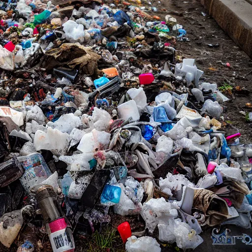 Image similar to lumpy dirty styrofoam garbage dump next to a broken mannequin, sigarette buds, wet newspaper, magazines, dirty water puddle, 8k - width 1080