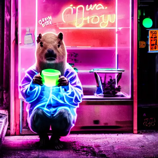 Image similar to capybara drinking bubble tea in cyberpunk, neon, pink and cyan seoul, detailed, street photography