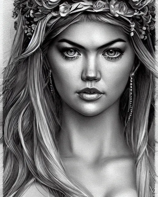 Prompt: realism tattoo sketch of kate upton as a beautiful greek goddess aphrodite with piercing eyes wearing a laurel wreath and triangle earrings, in the style of greg rutkowski, amazing detail