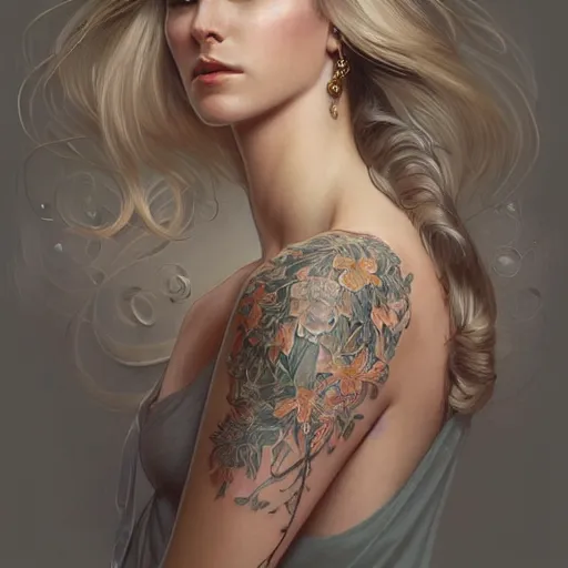 Image similar to ultra realistic illustration, a hot and beautiful tattooed blonde slavic woman in her 3 0's, intricate, elegant, highly detailed, digital painting, artstation, concept art, smooth, sharp focus, illustration, art by artgerm and greg rutkowski and alphonse mucha