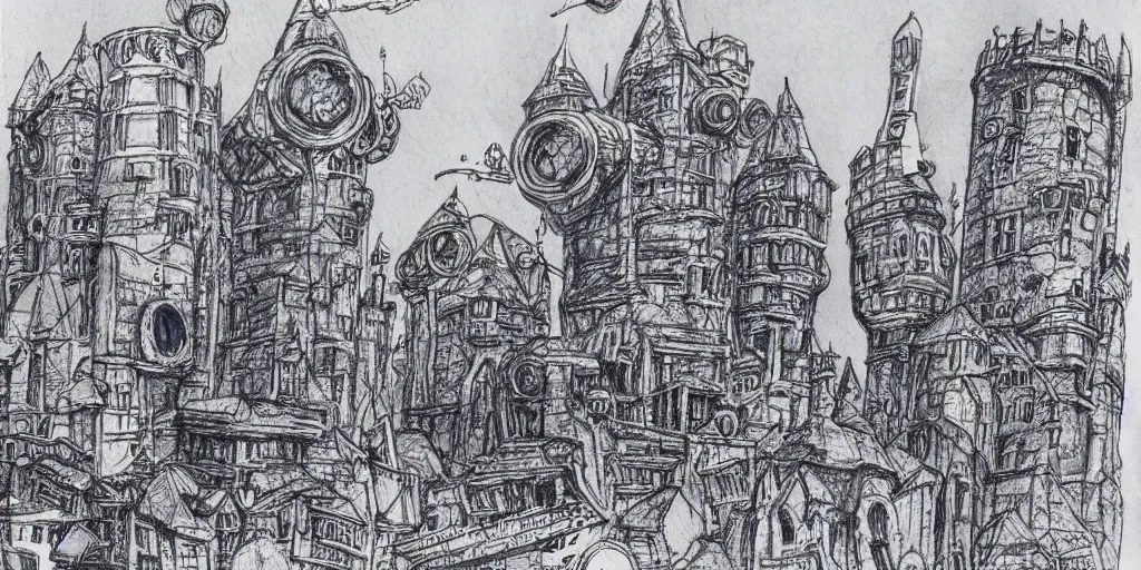 Image similar to Blue ballpoint pen drawing of a concept art of a stone town in orbit around a tower with amazing details by Maurice Sendak.