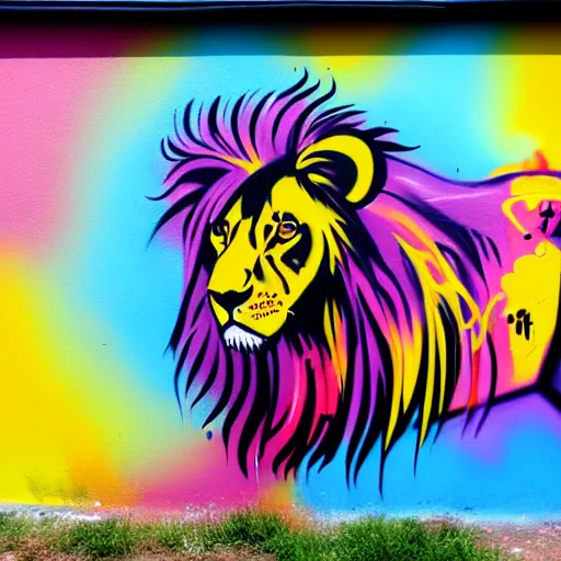 Prompt: wall with graffiti, splash painting of a lion by depose