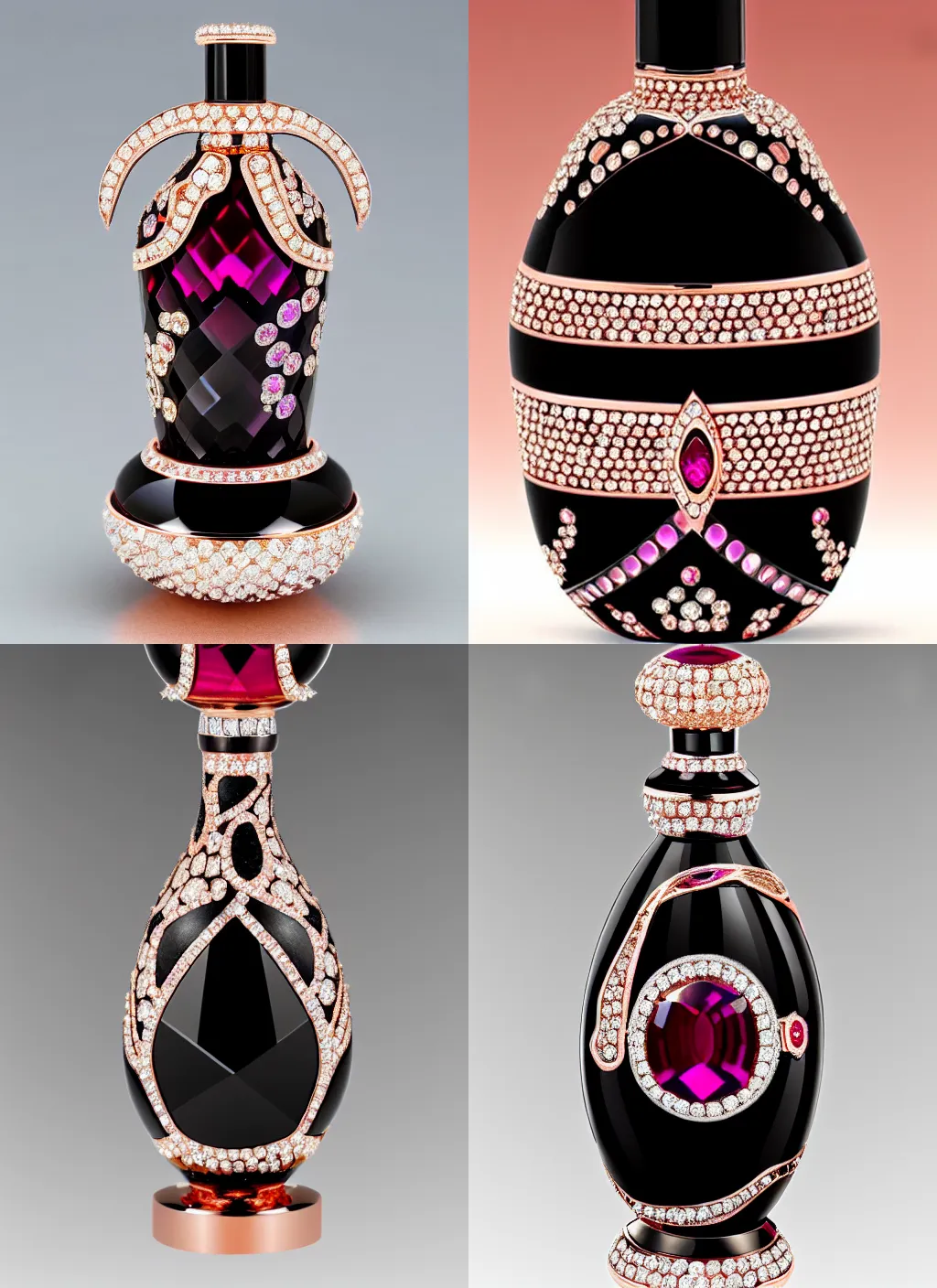 Prompt: elaborate swarovski crystal faberge perfume bottle black and rose gold diamonds opals rubies, 4 k, reflections