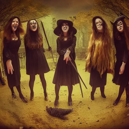 Prompt: a coven of witches [ laughing and eagerly making fun of the camera ]!!, fisheye!! lens photography, lens distortion, intricate, detailed facial features!!, chromatic aberration!!, cgsociety contest winner, best on artstation, photorealistic photography, grim lighting, foreboding atmosphere, dark, nighttime, 4 k, 8 k