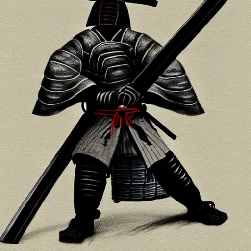 Image similar to A samurai in bulky armor wielding an eight foot long katana, charcoal, pastel, desaturated, surreal, realistic, feudal japan