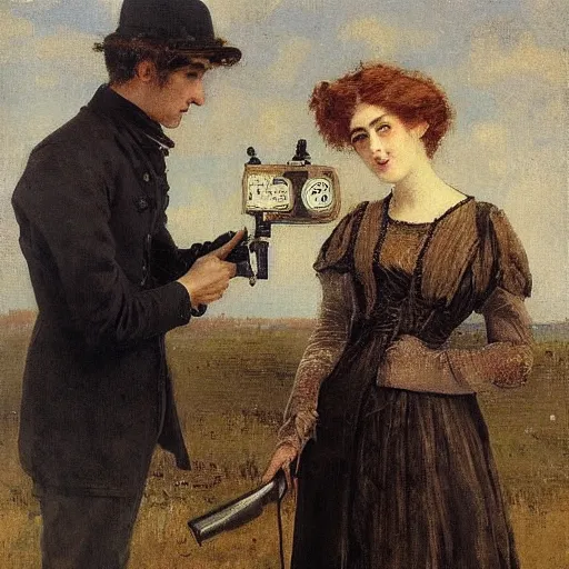 Image similar to young victorian man and woman diffusing a bomb, painted by alfred stevens