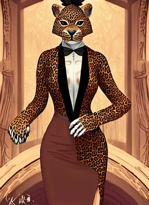 Image similar to commission of a beautiful portrait of a female anthro leopard fursona wearing a dress shirt and bowtie in a futuristic casino. character design by Kinoshita Jiroh, Hyaku. Detailed, soft lighting, rendered in octane