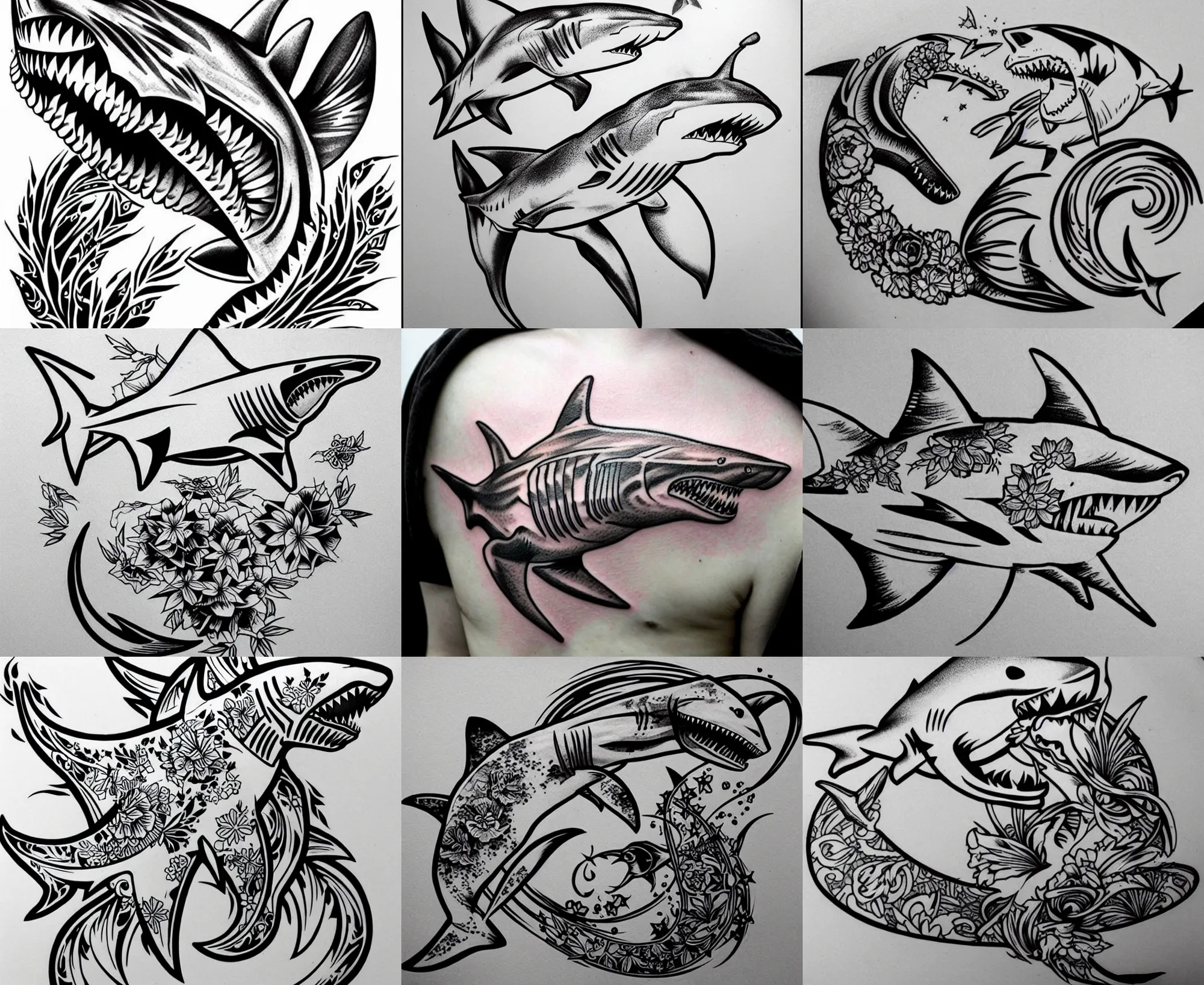 Image similar to detailed amazing tattoo stencil of a floral shark hunting