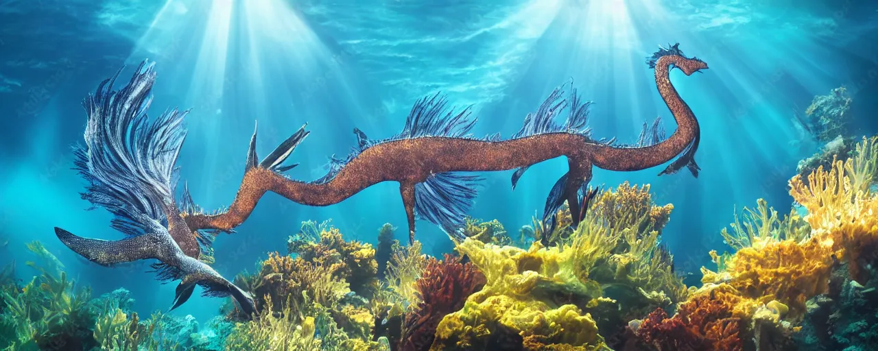 Image similar to a majestic underwater sea dragon gets enlightened by sun rays filtering the sea.