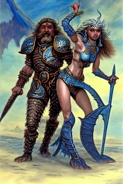 Image similar to a small blue-skinned triton girl wearing scale armor riding on a the shoulders of a large male goliath wearing fur and leather armor, dnd concept art, painting by Jeff Easley