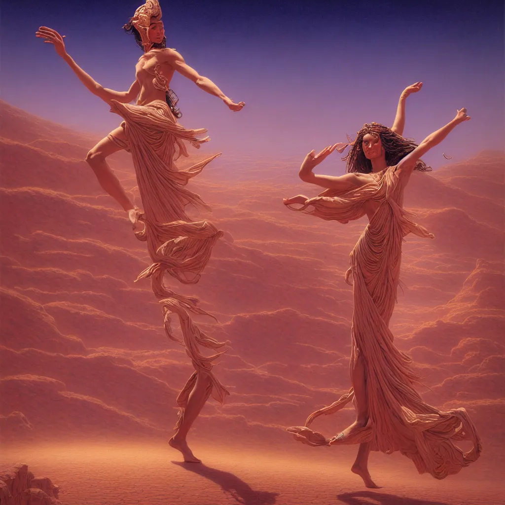 Prompt: goddess dancing in desert, desaturated, tim hildebrandt, wayne barlowe, bruce pennington, donato giancola, larry elmore, oil on canvas, masterpiece, trending on artstation, featured on pixiv, cinematic composition, dramatic, beautiful lighting, sharp, details, hyper - detailed, hd, hdr, 4 k,