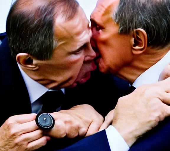 Image similar to a photo of vladimir putin kisses sergey lavrov, animals mating, lovely kiss, kiss mouth to mouth, romantic, emotional, love scene, insane details, clear face, clear eyes, textured, 8 k, professional photography, animal world, discovery channel, dslr, focus, zeiss lense, 5 0 mpx