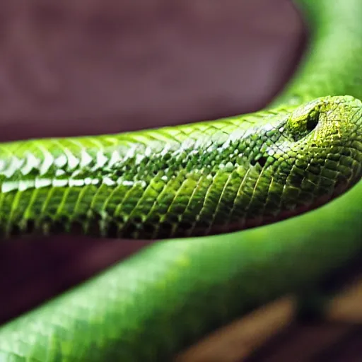 Image similar to long green Sausage with snake head eyes and fangs and with scales