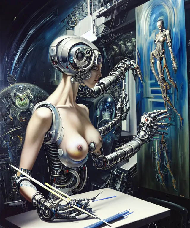 Prompt: photo of futuristic holy futuristic cyborg-robot-painter-artist creating a painting with acrylic paint and brushes in a futuristic artist studio by H.R Giger, by Ayami Kojima, Amano, Tom Bagshaw, Rene Margitte, Ryan Dening ,Hajime Sorayama , Eddie Mendoza , rich deep colors. masterpiece, intricate artwork by Tooth Wu and wlop and beeple, greg rutkowski. still from a 2021 movie by Terrence Malick, Tarkovsky, Gaspar Noe, James Cameron,