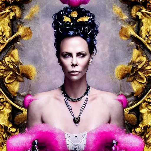 Image similar to “ 8 k, octane render, realism, tonalism, renaissance, rococo, baroque, portrait of charlize theron wearing long - harajuku manga - dress with flowers and skulls, cotton candy!! ( background chaotic gold leaf flowers ) ”