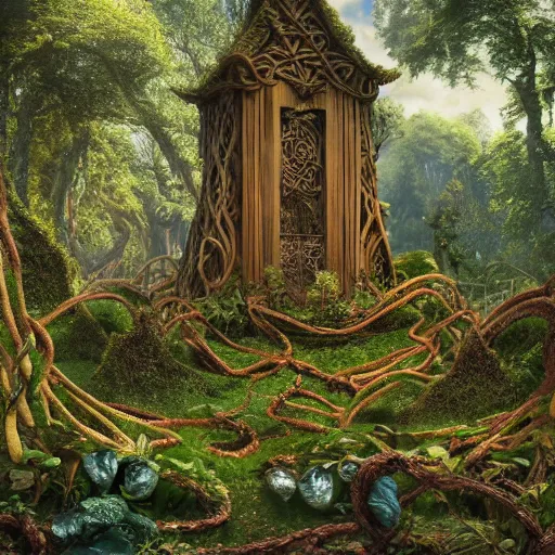 Image similar to a beautiful and highly detailed matte painting of a wooden elven temple in a magical fantasy garden in a lush forest, celtic knots, ancient runes, knotted trees, tangled vines, intricate details, epic scale, insanely complex, 8 k, sharp focus, hyperrealism, very realistic, by caspar friedrich, albert bierstadt, james gurney, brian froud,
