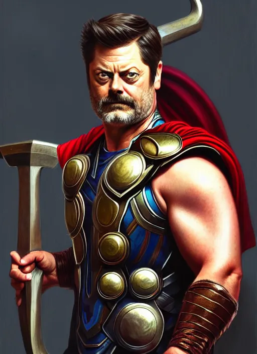 Image similar to portrait of nick offerman as thor, eyepatch, muscular, fantasy, intricate, elegant, highly detailed, digital painting, artstation, concept art, smooth, sharp focus, illustration, art by artgerm and greg rutkowski and alphonse mucha