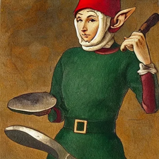 Image similar to determined elf woman with short blonde hair wearing a kitchen maid's uniform while holding a chef's knife and standing in the rain, fantasy, character portrait, Michelangelo painting