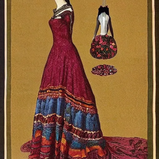 Prompt: “high fashion dress made of colorful Persian rugs as painted by moebius and William Bradford”