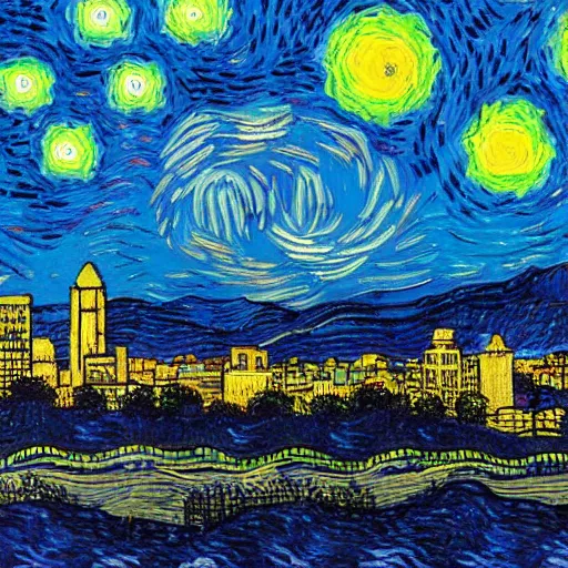 Image similar to asheville skyline in the style of starry night, by vincent van gogh