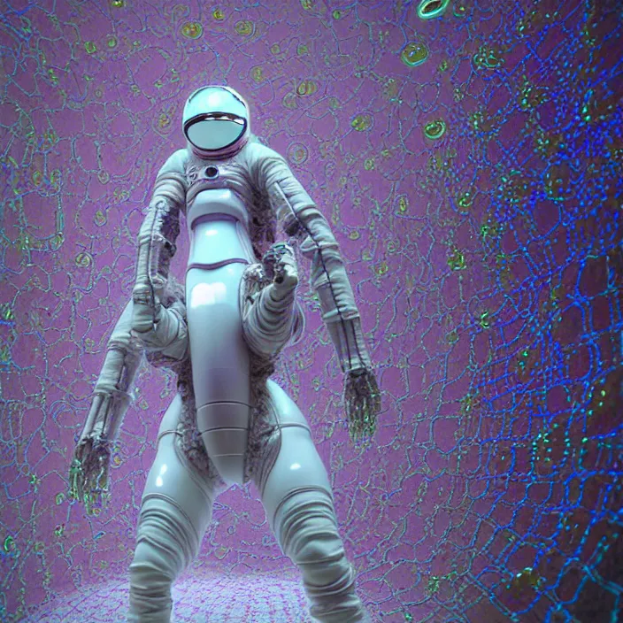 Image similar to a cybernetic symbiosis of a single astronaut mech-organic eva suit made of pearlescent wearing knitted shiny ceramic multi colored yarn thread infected with diamond 3d fractal lace iridescent bubble 3d skin dotted covered with orb stalks of insectoid compound eye camera lenses floats through the living room, film still from the movie directed by Denis Villeneuve with art direction by Salvador Dalí, wide lens,kevlar,carbon fiber,ceramics,gaseous materials,