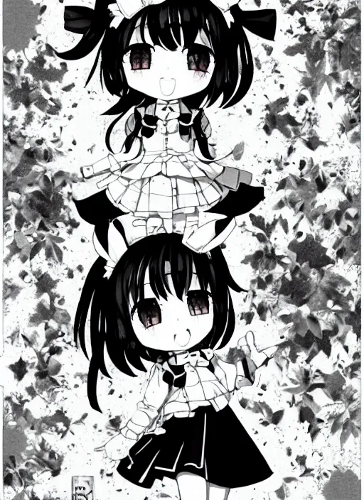 Image similar to manga style, black and white manga, kawaii chibi manga school girl kuudere by gen urobuchi and yuyuko takemiya