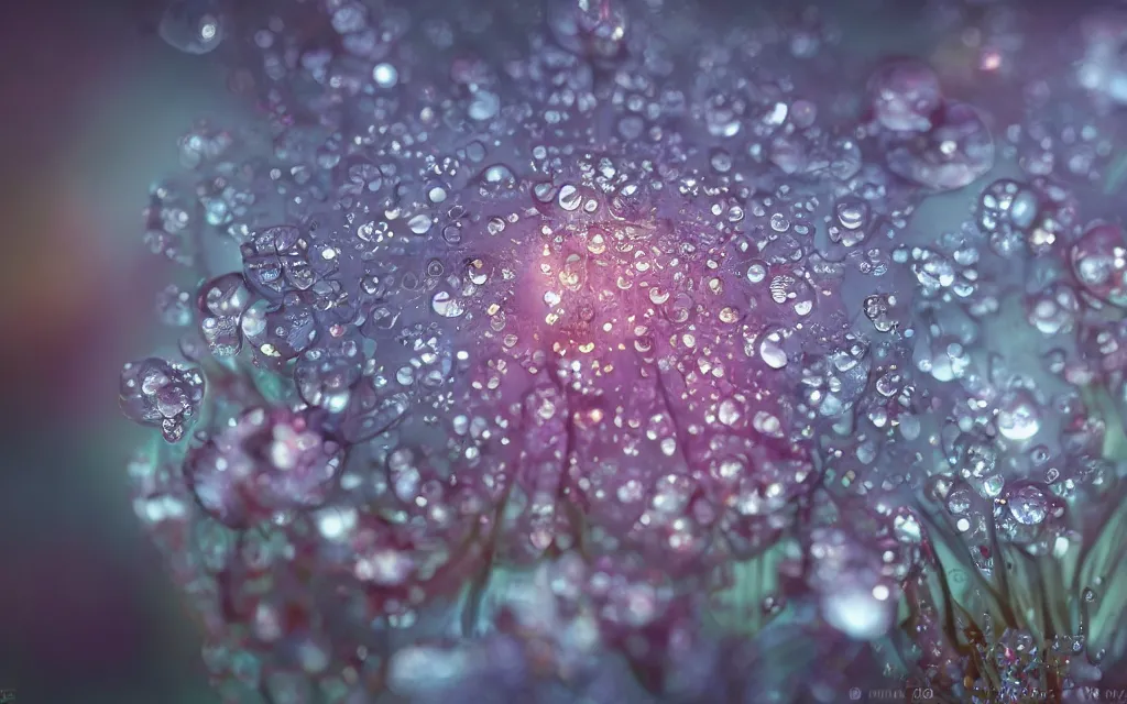 Image similar to Beauty of awesome macro photography of big Water droplet reflecting flowers, hyper detailed, warm volumetric lights , closeup Matte DOF ,made by Gerald Brom and Mike Winkelmann, Canon MP-E 65mm f/2.8 1-5 trending on art station