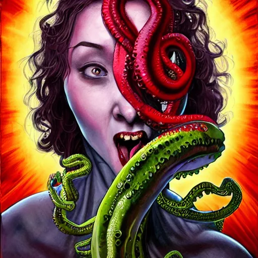 Image similar to highly photorealistic expired fuji film portrait of woman with long tentacled red tongue combined with stranger creatures, in the style of frank bairstow, artgerm, james cameron, marvel comics, ridley scott, cinematic lighting, imax quality, 8 k, award winning photography