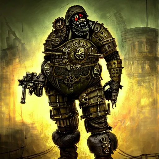 Image similar to highly detailed steampunk morbid obese undead heavy soldier with heavy machine guns, pipes connected to the head, madmax, intricate, rusty, green radioactive glow, toxic waste, Colchians painting, dynamic lighting, photorealistic concept art, trending on art station, stunning visuals, creative, cinematic, ultra detailed