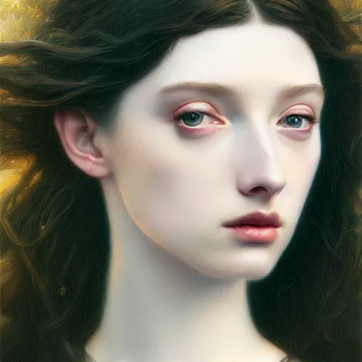 Image similar to striking Pre-Raphaelite Emma Dumont by Artgerm and Greg Rutkowski, intricate, elegant, highly detailed, digital painting, pale