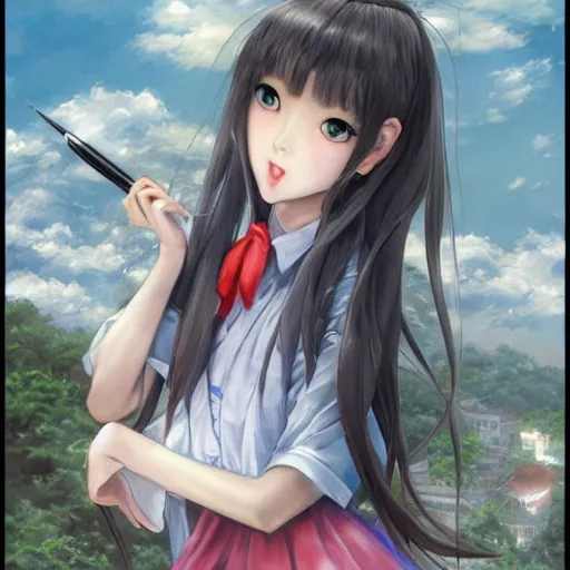 Image similar to dynamic composition, motion, ultra-detailed, incredibly detailed, a lot of details, amazing fine details and brush strokes, colorful and grayish palette, soft and silky smooth, HD semirealistic anime CG professional concept art digital painting, watercolor oil painting of a Japanese schoolgirl wearing school uniform, by a Chinese artist at ArtStation, by Huang Guangjian, Fenghua Zhong, Ruan Jia, Xin Jin and Wei Chang. Realistic artwork of a Chinese videogame, gradients, gentle an harmonic grayish colors.