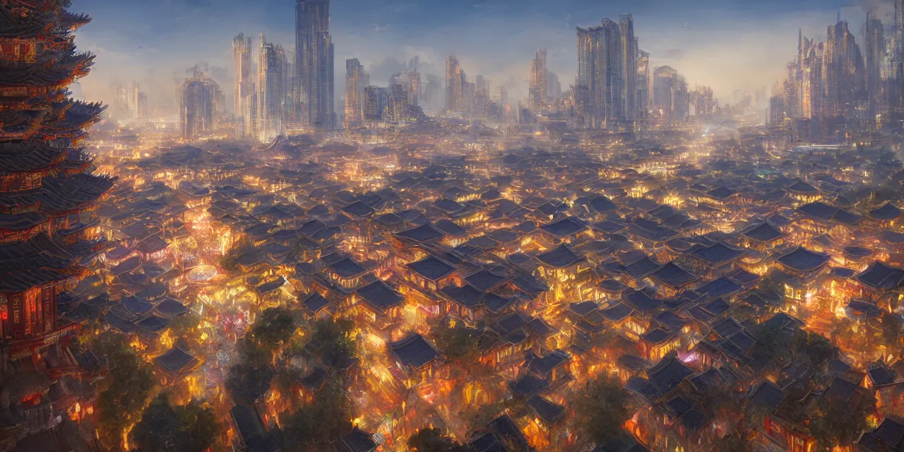 Image similar to a beautiful painting of a ancient big city of china, light effect, unreal engine, super wide angle, by yuumei and yanjun chen, trending on artstation