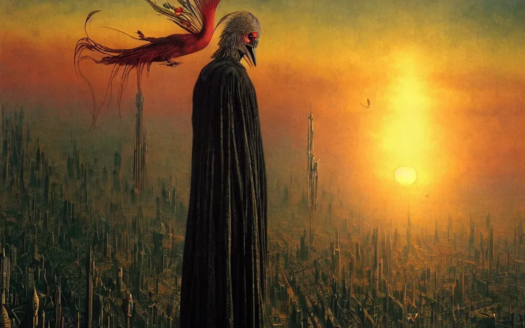 Image similar to realistic detailed portrait movie shot of a birdman wearing dark ragged robes, futuristic city sunset landscape background by denis villeneuve, amano, yves tanguy, alphonse mucha, ernst haeckel, max ernst, roger dean, rich moody colours, cinematic