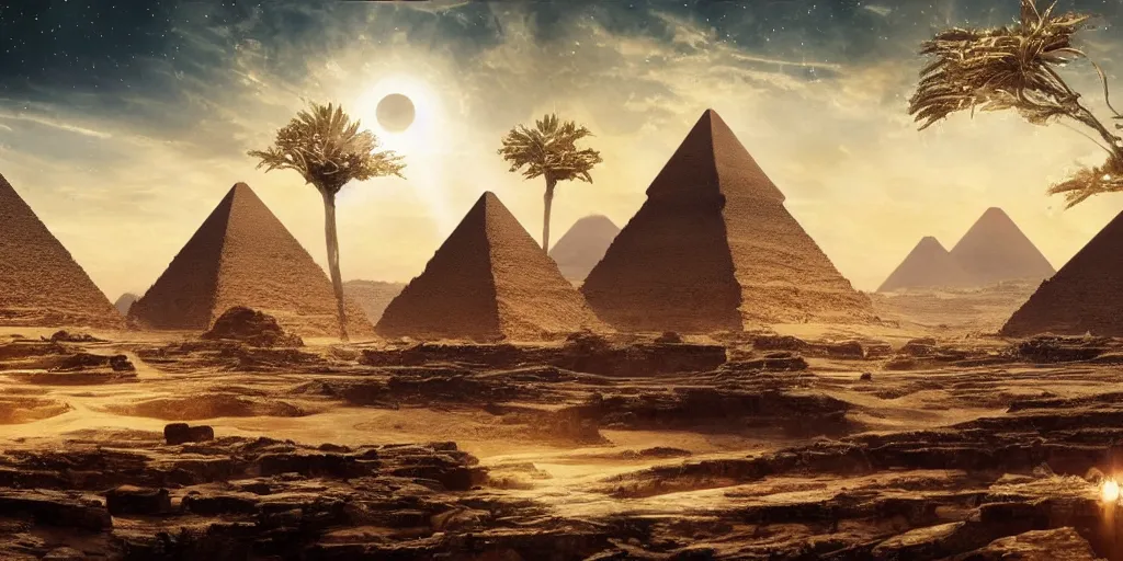 Image similar to beautiful painting of a landscape with alien pyramids with jewels and ornate gold decor by kim jakobsson, takato yamamoto, clement - auguste andrieux and santiago caruso trending on artstation sunshine rays cryengine behance hd 8 k 3 d 8 k resolution photoillustration ambient occlusion ancient egyptian hieroglyphs, stars with lasers